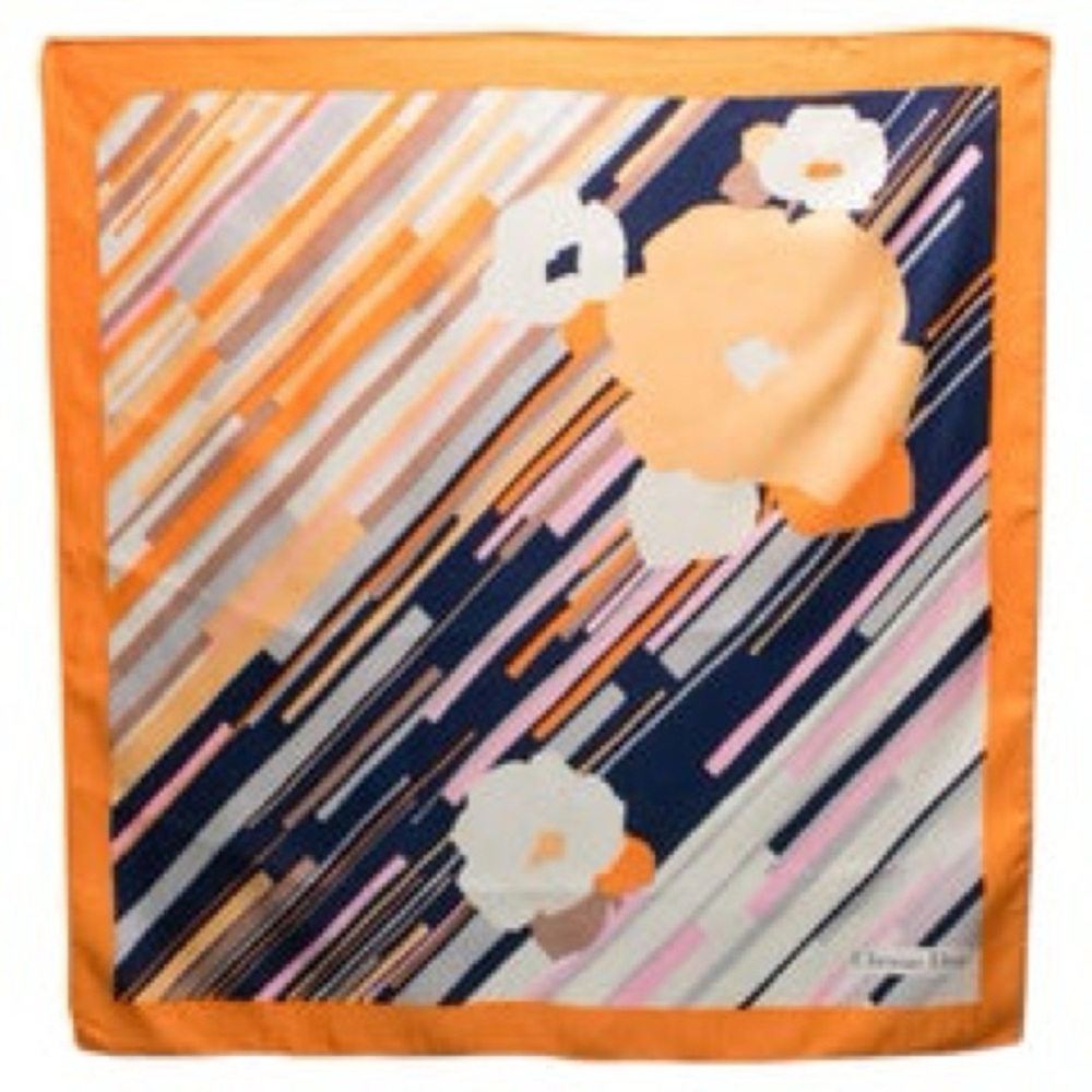 Christian Dior Orange and Navy Floral Silk Scarf